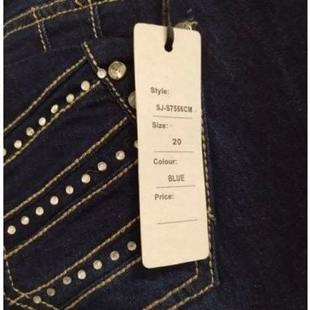 NWT Saza Denim Long Bermuda Jean Shorts Rhinestone Pockets Dark Blue Sz 20
